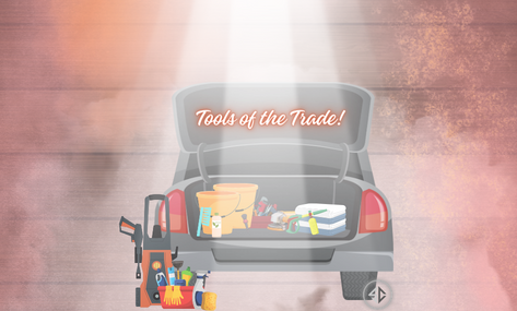 Car Trunk filled with Detailing tools with a pressure washer, bucket, and liquids on the ground next to tire to resemble tools needed for detailing. 